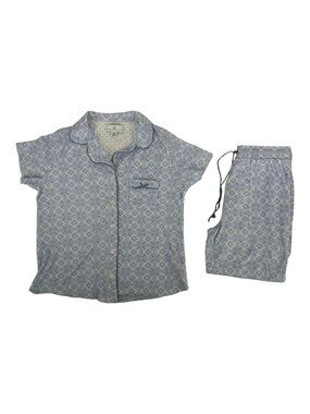 Karen Neuburger Blue White Tile Pajama Set Small Cotton Button Top Pants